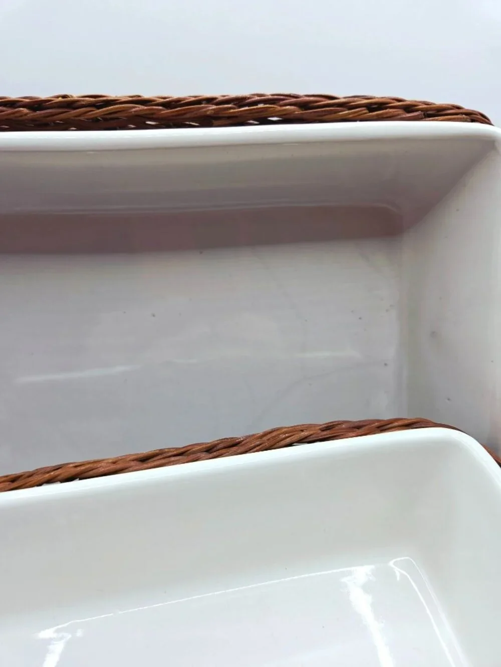 Temp-Tations Ceramic Serving Dishes Wicker Baskets Set Of 2 Rustic Brown White - Picture 5 of 14